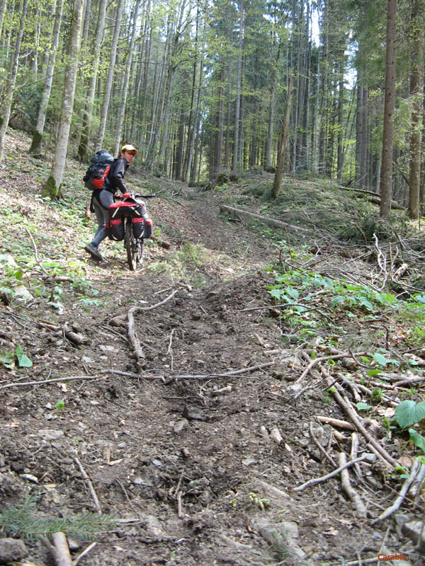 Тащим велики вверх по склону.